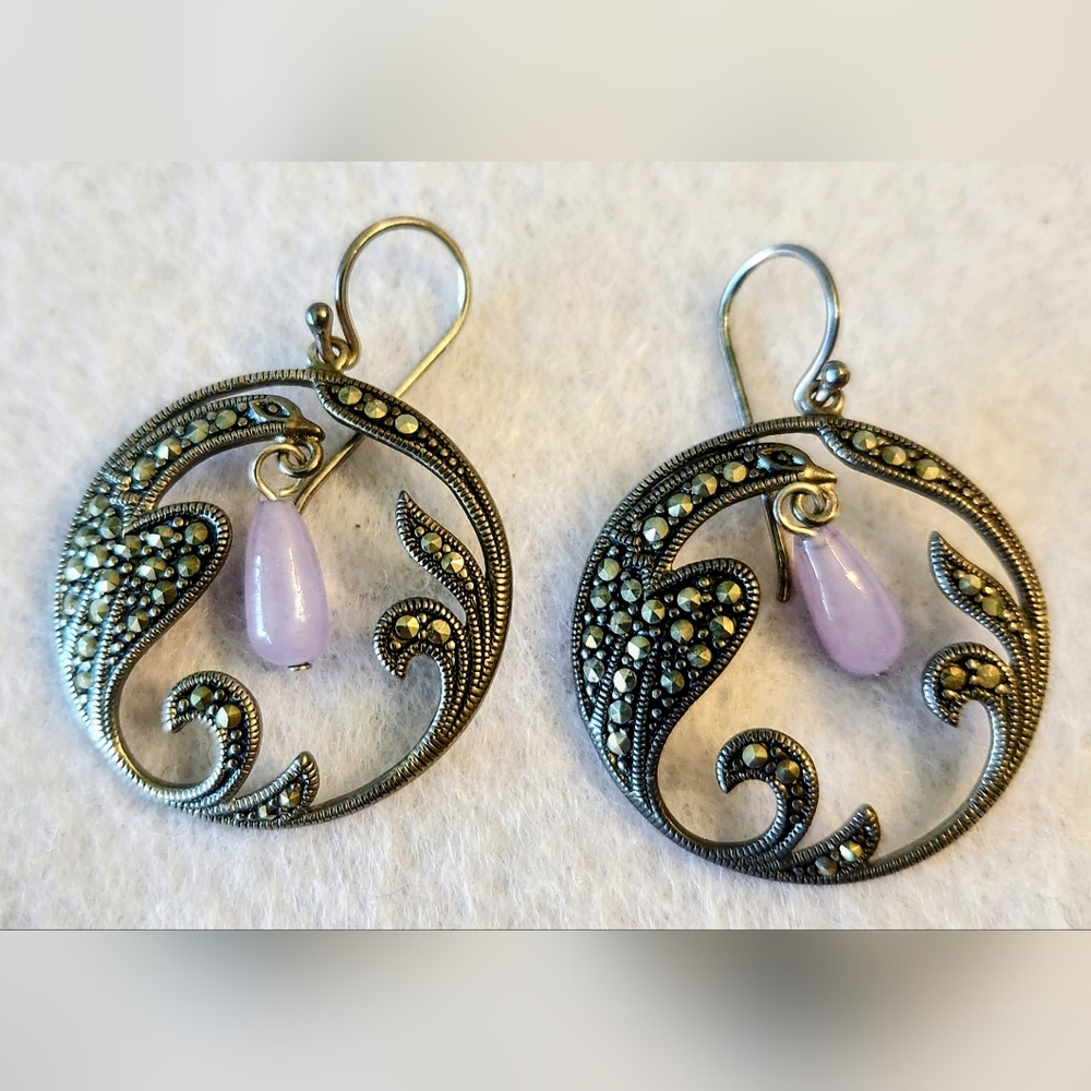 Vintage Sterling Silver 925 Marcasite & Light Purple Amethyst Drop Earrings Deco